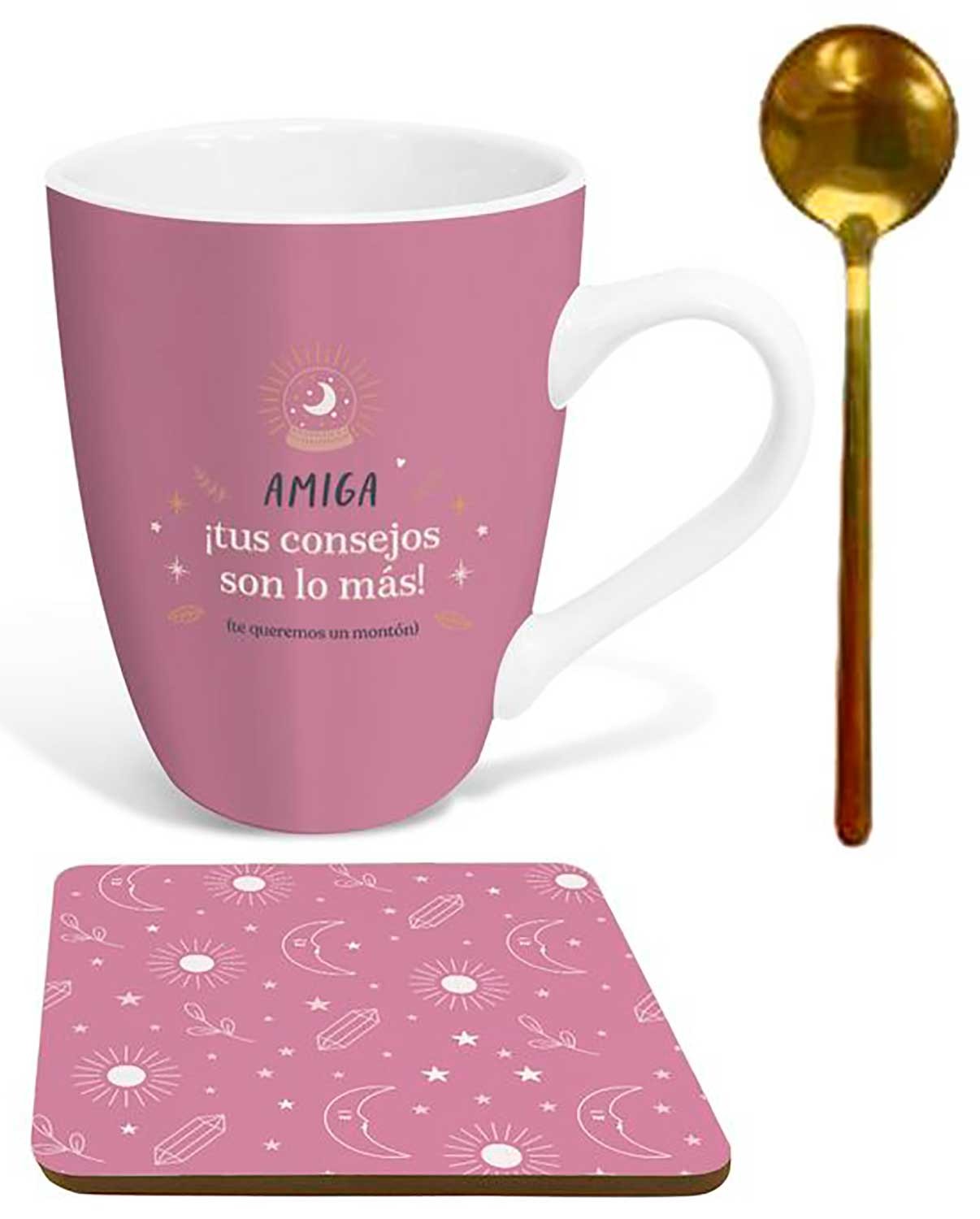 TAZA DESAYUNO AMIGA CON CUCHARA Y POSAVASOS