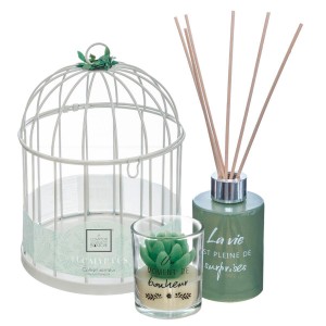 JAULA DECORATIVA + DIFUSOR + VELA AROMÁTICA EUCALIPTO