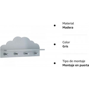 *TARA* PERCHERO PARED INFANTIL MADERA LUR CON BALDA GRIS