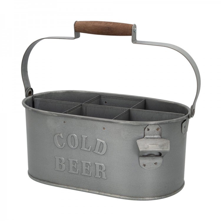 CESTA 6 BOTELLAS ACERO GALVANIZADO VINTAGE CON ABRIDOR