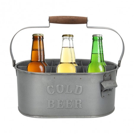 CESTA 6 BOTELLAS ACERO GALVANIZADO VINTAGE CON ABRIDOR
