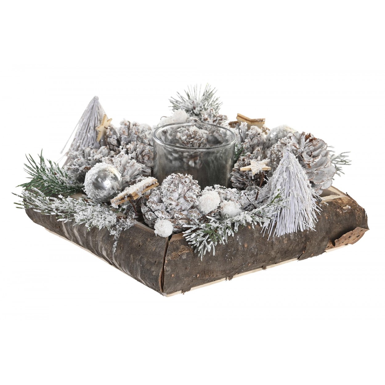 CENTRO MESA PORTAVELAS TRONCO NEVADO 20X20X12,5CM