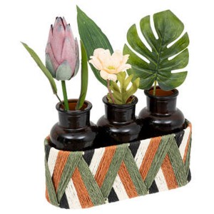 JARRÓN DECORATIVO TRIPLE ARREGLO FLORAL EXÓTICO 22X8,5X26CM