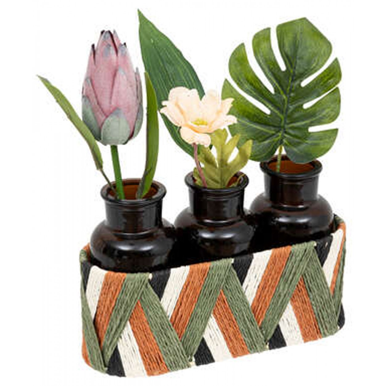 JARRÓN DECORATIVO TRIPLE ARREGLO FLORAL EXÓTICO 22X8,5X26CM