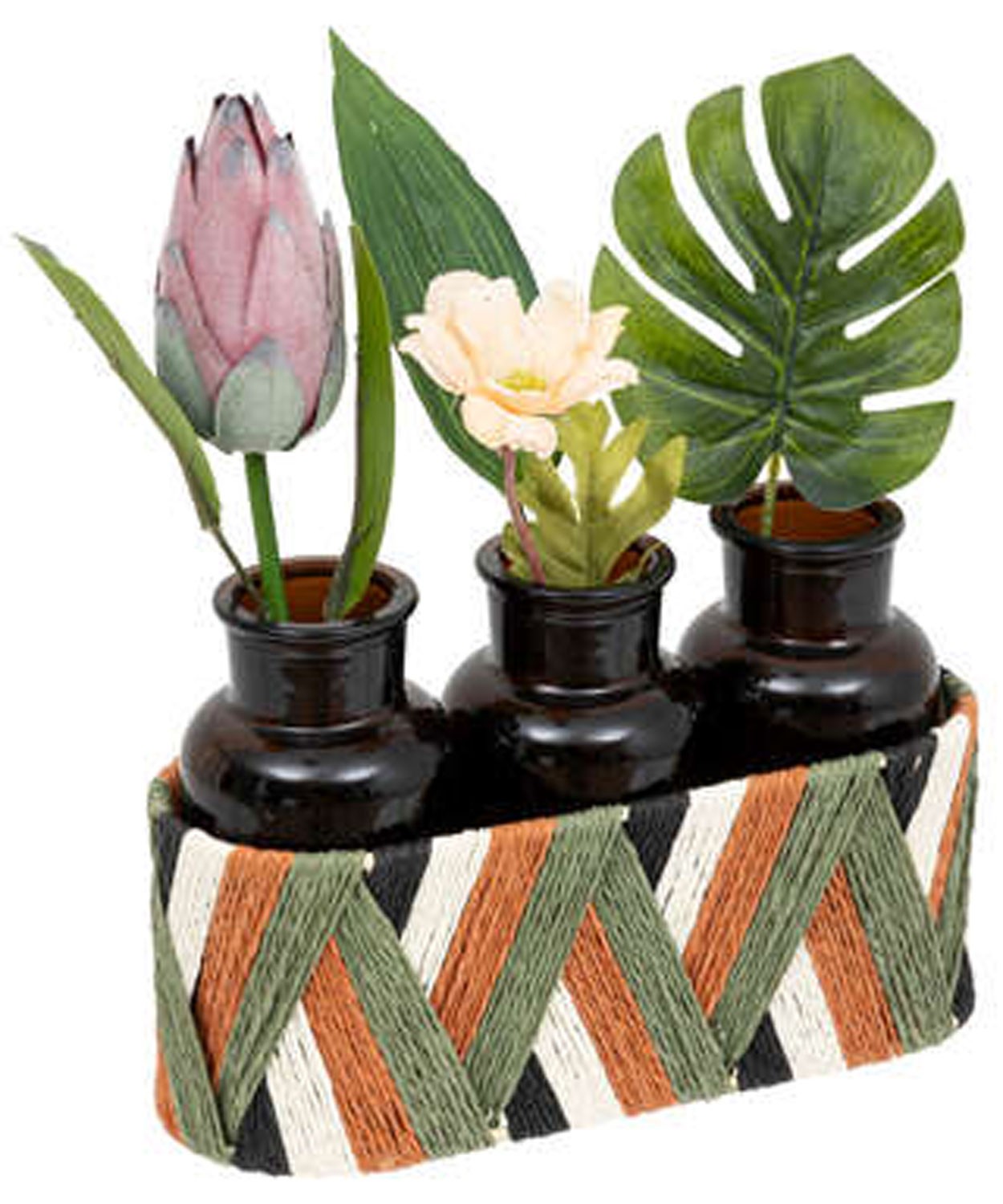 JARRÓN DECORATIVO TRIPLE ARREGLO FLORAL EXÓTICO 22X8,5X26CM