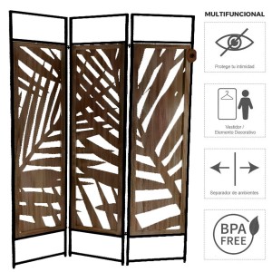 BIOMBO SEPARADOR DECORATIVO HOJAS METÁLICO/MDF 170X112CM