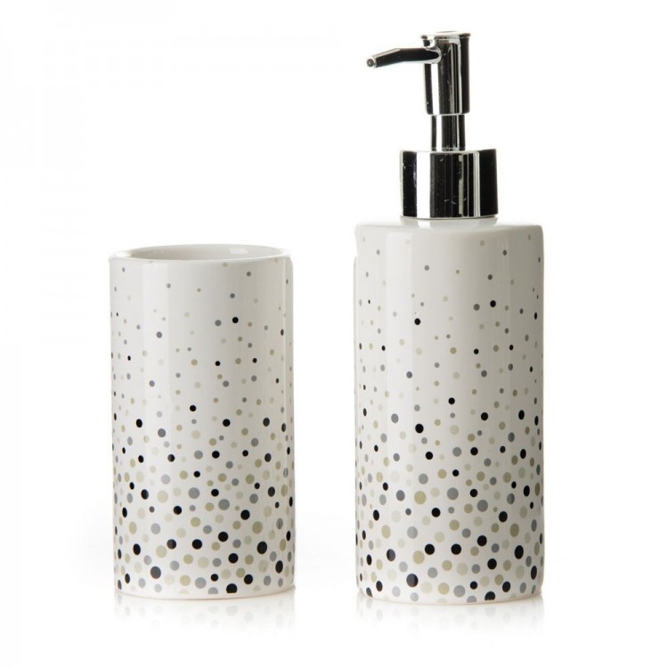 Set baño cerámica. Vaso y dosificador de jabón modelo puntos.