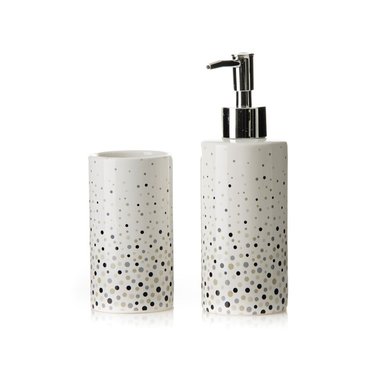 Set baño cerámica. Vaso y dosificador de jabón modelo puntos.