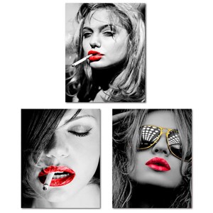 CUADRO DECORATIVO LIENZO MUJER FUMANDO BLANCO Y NEGRO LABIOS ROJOS 40X50CM