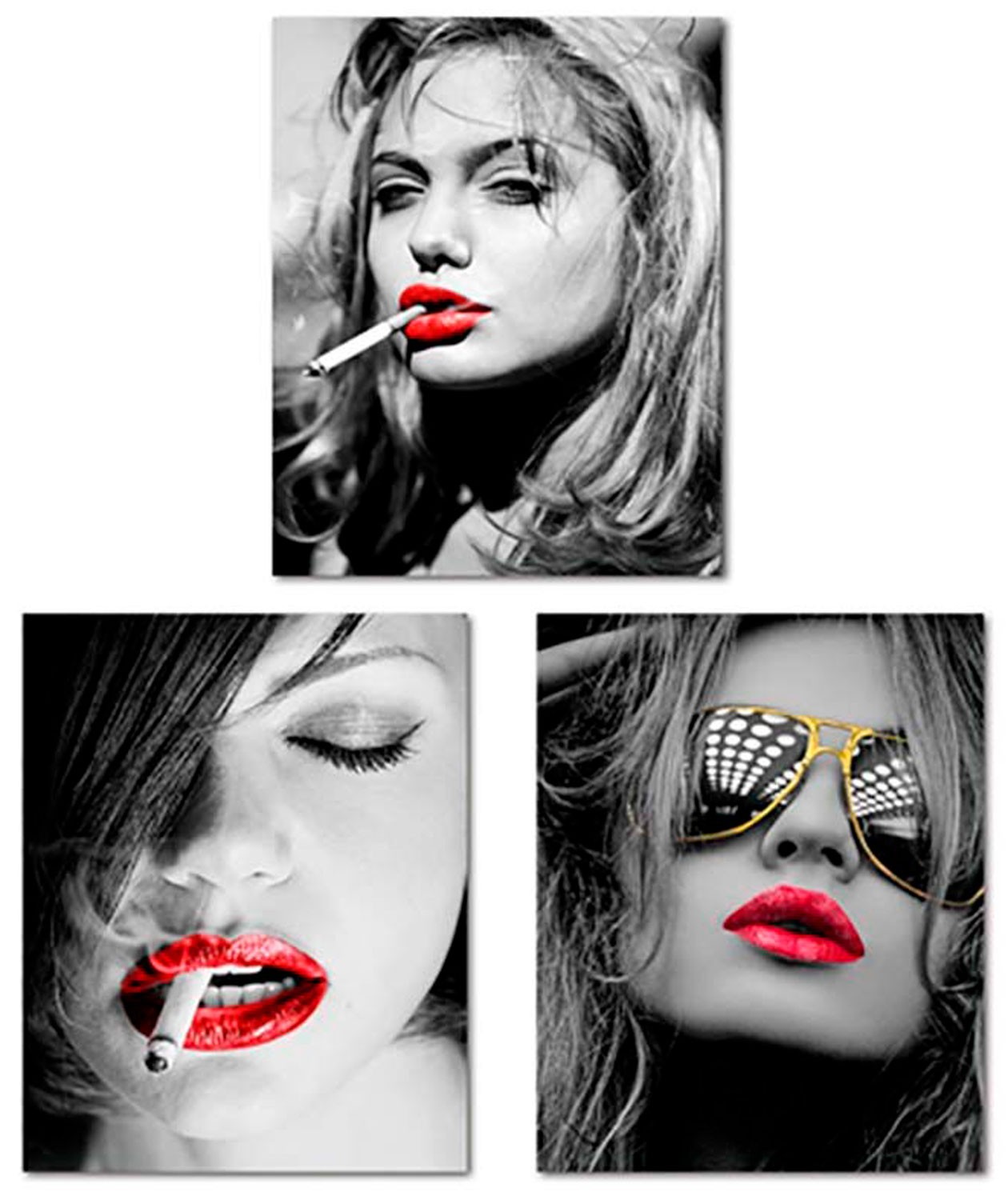 CUADRO DECORATIVO LIENZO MUJER FUMANDO BLANCO Y NEGRO LABIOS ROJOS 40X50CM