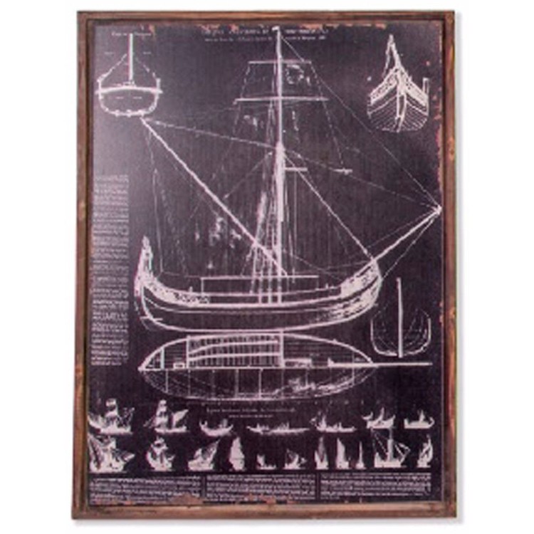 CUADRO DECORATIVO MADERA Y CRISTAL PLANOS BARCO 60X80X9CM