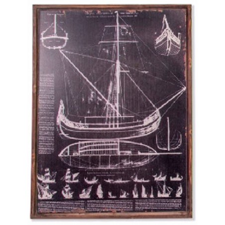 CUADRO DECORATIVO MADERA Y CRISTAL PLANOS BARCO 60X80X9CM