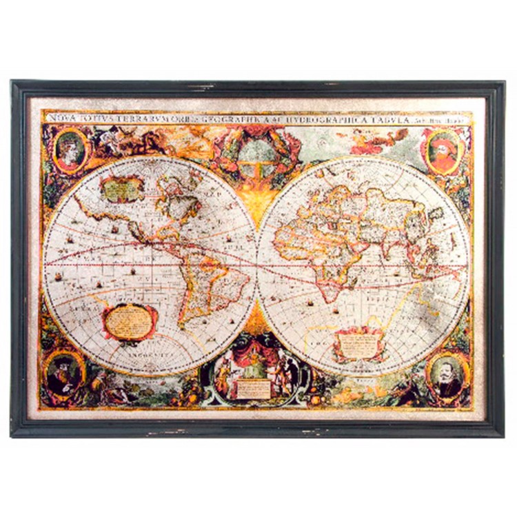 CUADRO DECORATIVO MAPAMUNDI ANTIGUO MADERA Y VIDRIO 85X61X5CM