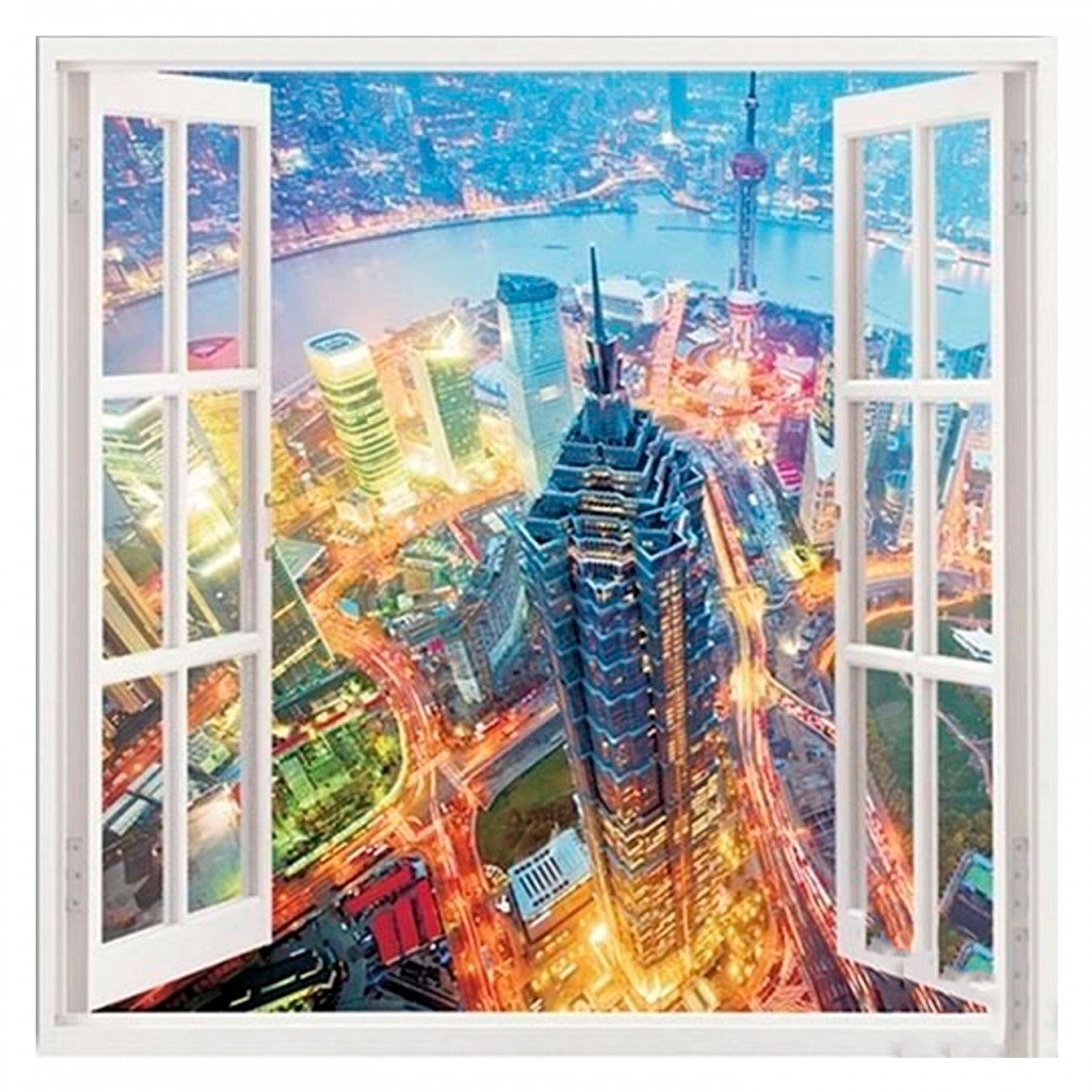 CUADRO LIENZO DECORATIVO VENTANA ABIERTA CIUDAD 60X60CM