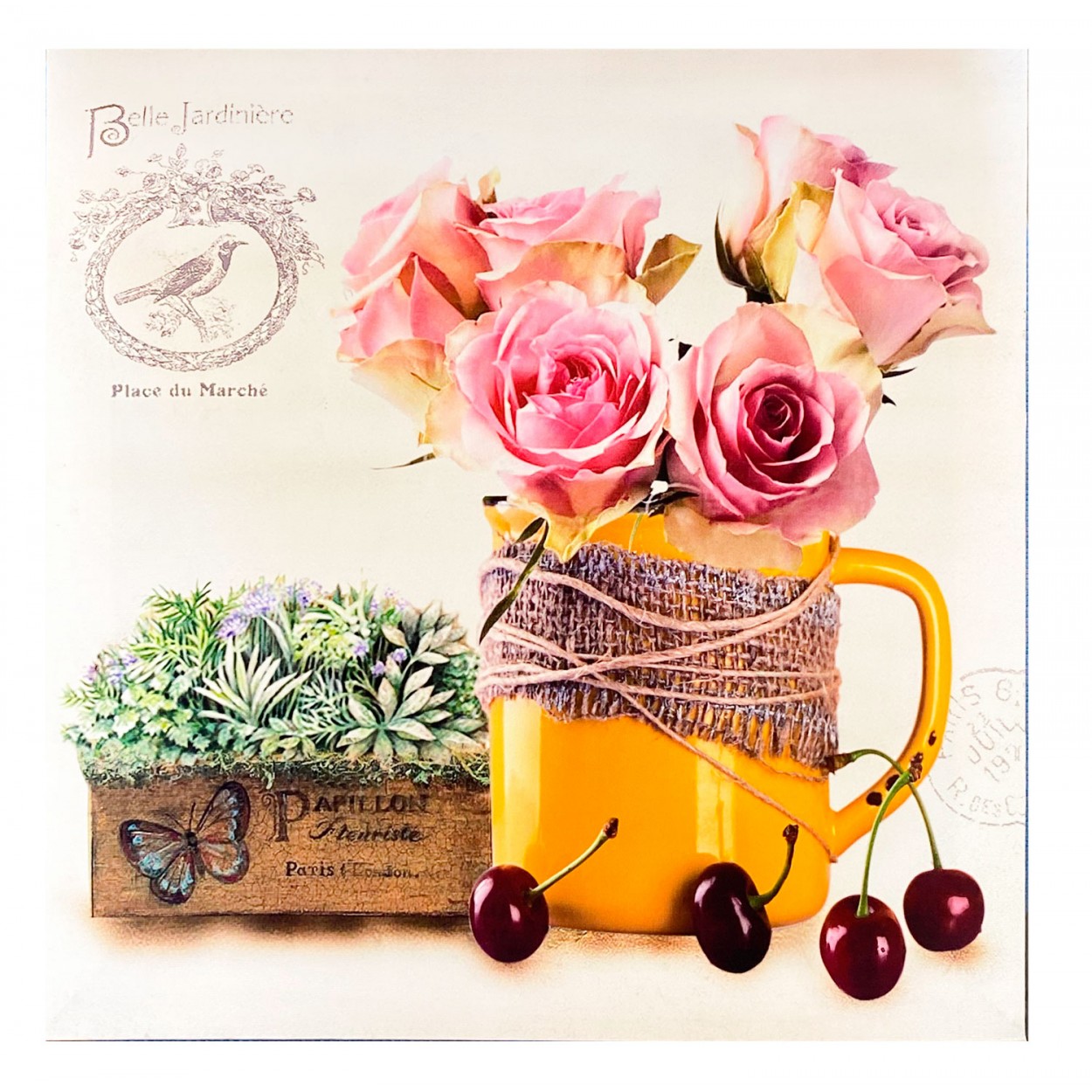 CUADRO DECORATIVO LIENZO DISEÑO FLORES Y CEREZAS 38X38CM