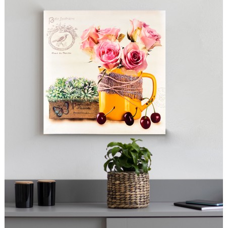 CUADRO DECORATIVO LIENZO DISEÑO FLORES Y CEREZAS 38X38CM
